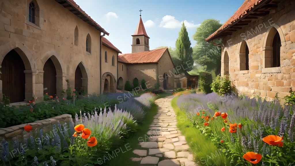 【2k背景素材】中世ファンタジー 修道院と花咲く大地|10枚セット