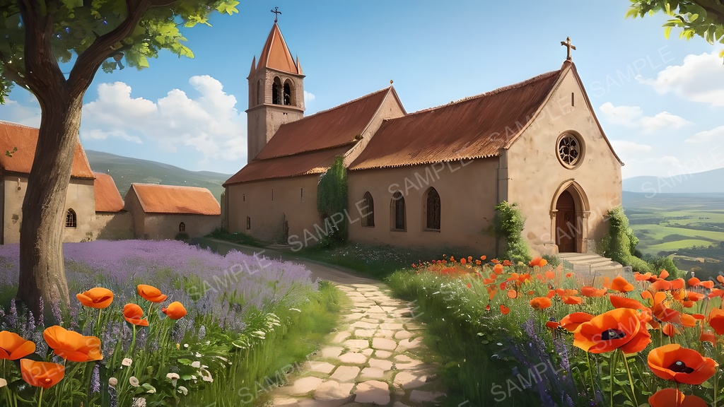 【2k背景素材】中世ファンタジー 修道院と花咲く大地|10枚セット