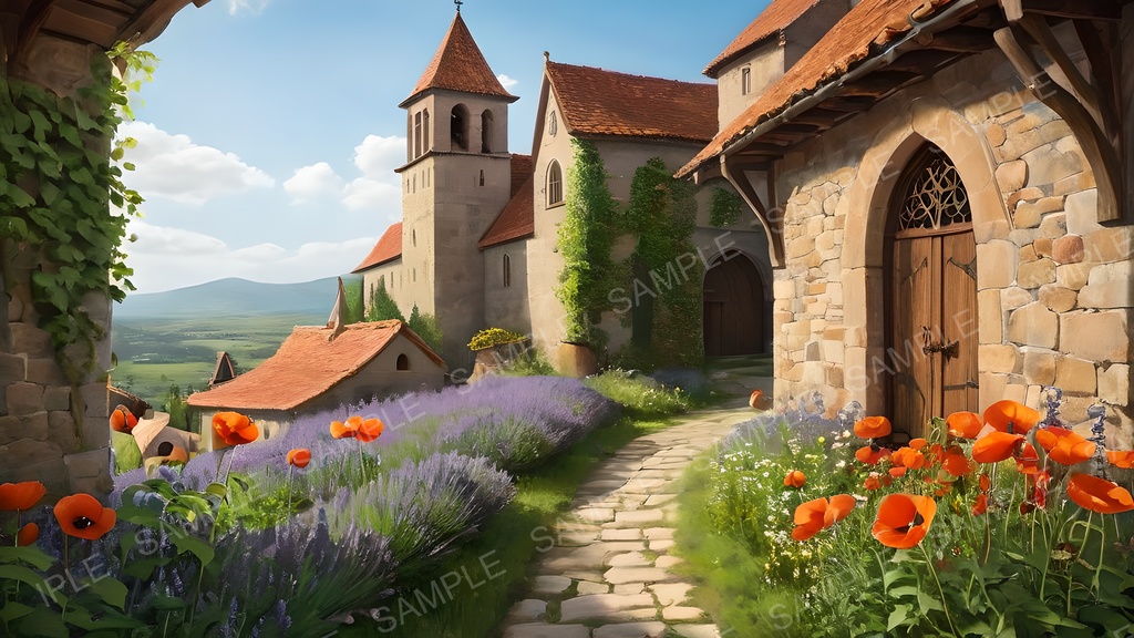 【2k背景素材】中世ファンタジー 修道院と花咲く大地|10枚セット