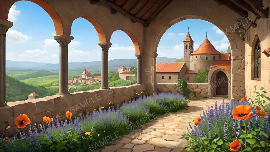 【2k背景素材】中世ファンタジー 修道院と花咲く大地|10枚セット