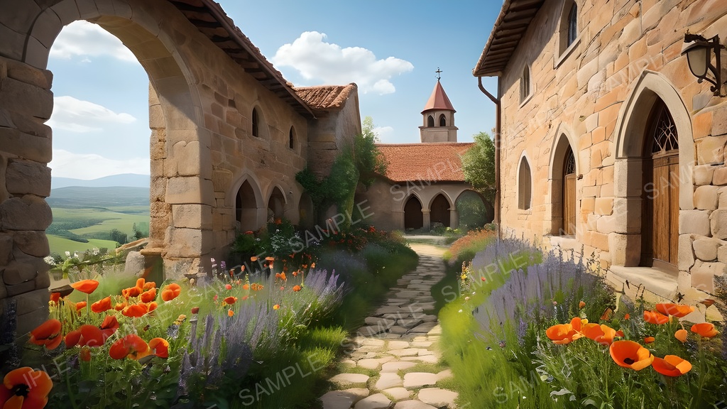 【2k背景素材】中世ファンタジー 修道院と花咲く大地|10枚セット