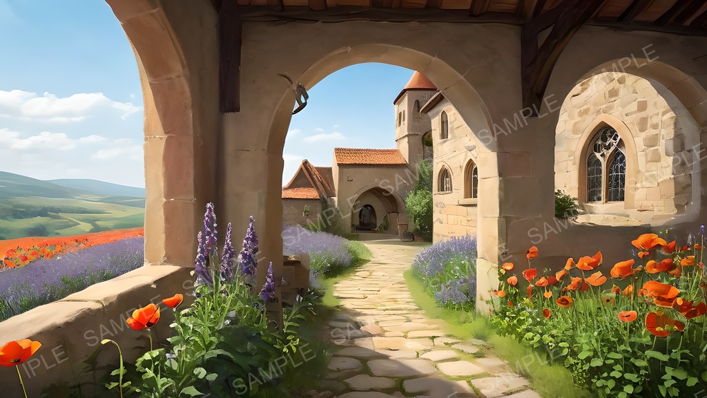 【2k背景素材】中世ファンタジー 修道院と花咲く大地|10枚セット