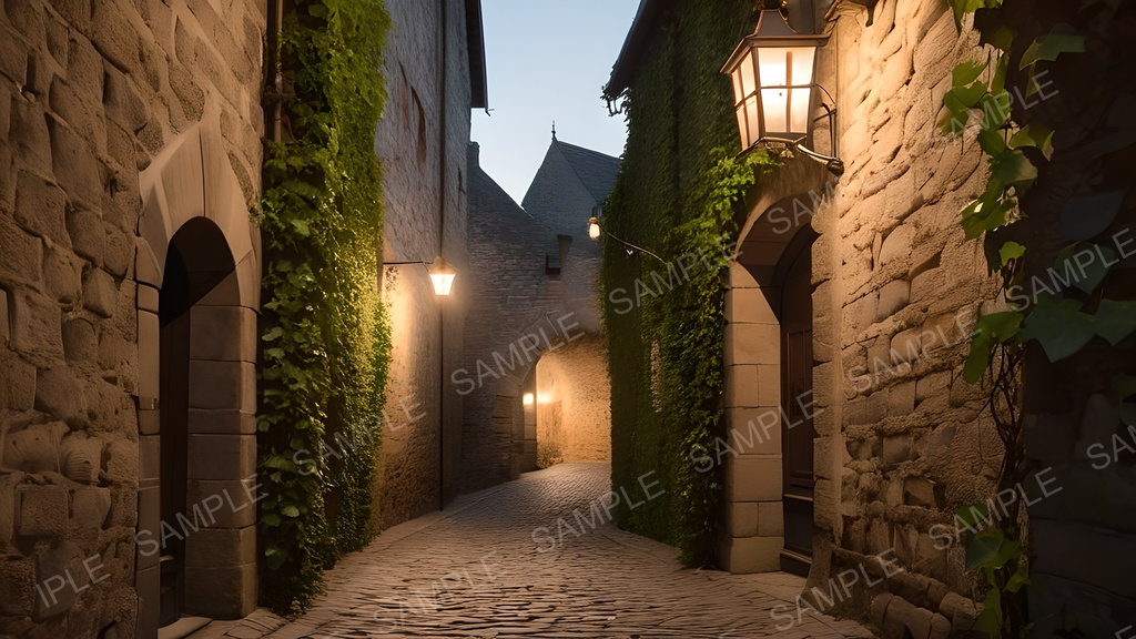 【2k背景素材】中世ファンタジー 夕刻の石畳路地|10枚セット