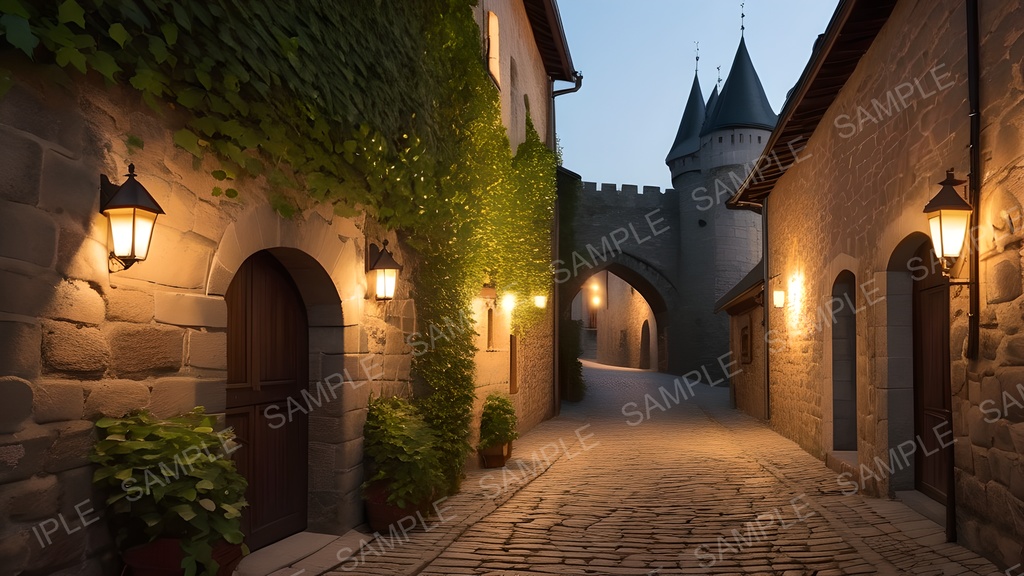 【2k背景素材】中世ファンタジー 夕刻の石畳路地|10枚セット