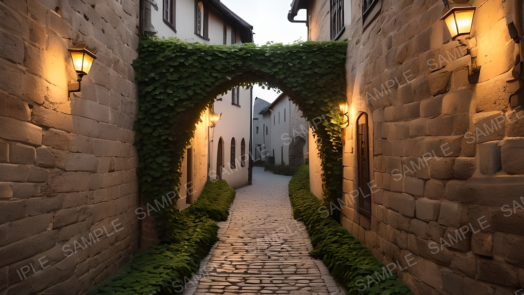 【2k背景素材】中世ファンタジー 夕刻の石畳路地|10枚セット