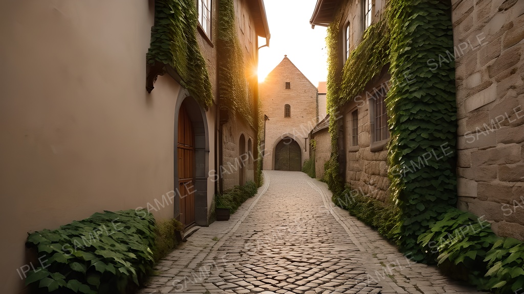 【2k背景素材】中世ファンタジー 夕刻の石畳路地|10枚セット