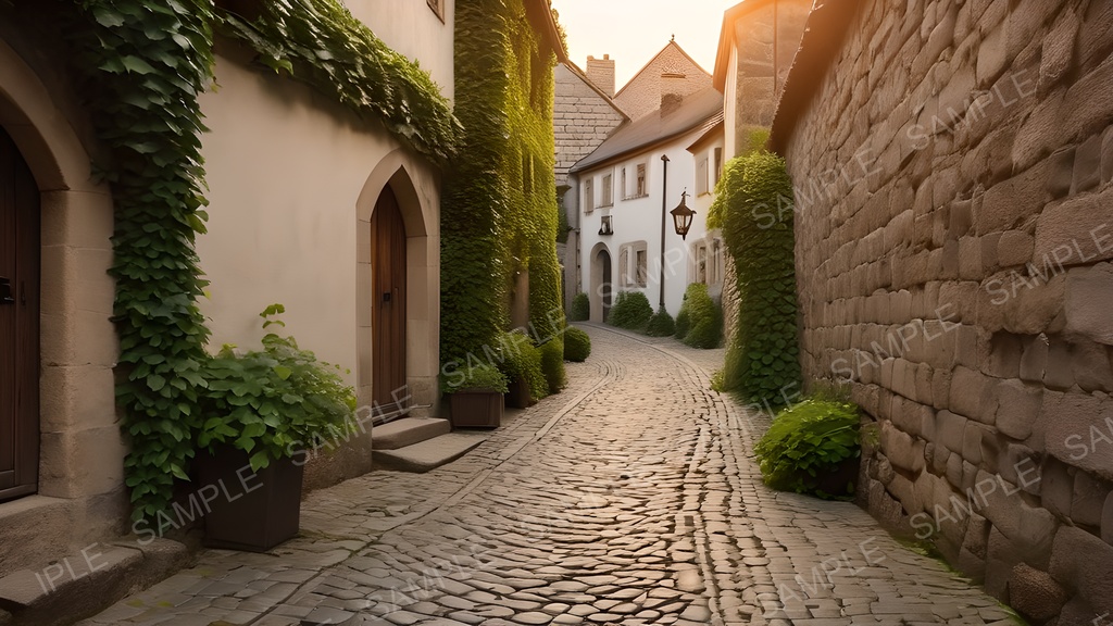 【2k背景素材】中世ファンタジー 夕刻の石畳路地|10枚セット