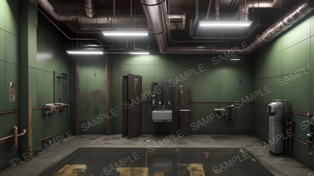 【2k背景素材】退廃サイバーパンク 荒廃した中規模トイレ|10枚セット