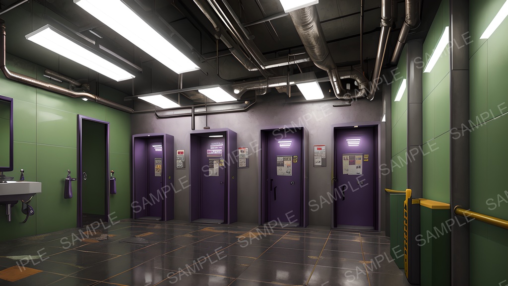 【2k背景素材】退廃サイバーパンク 荒廃した中規模トイレ|10枚セット