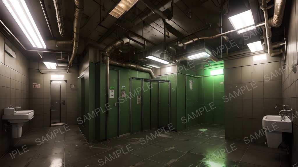 【2k背景素材】退廃サイバーパンク 荒廃した中規模トイレ|10枚セット