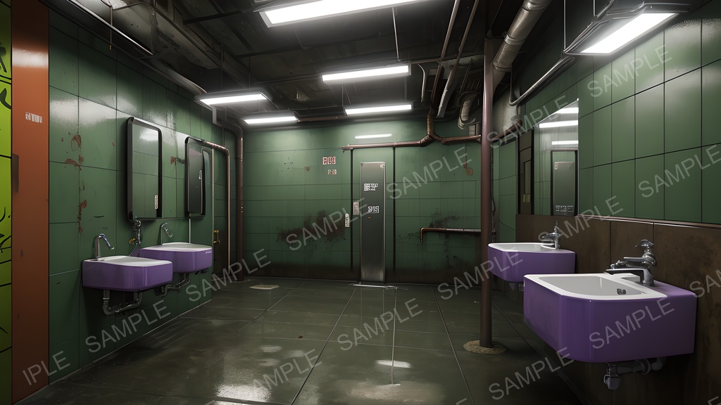 【2k背景素材】退廃サイバーパンク 荒廃した中規模トイレ|10枚セット