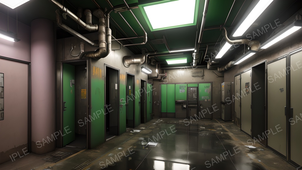 【2k背景素材】退廃サイバーパンク 荒廃した中規模トイレ|10枚セット