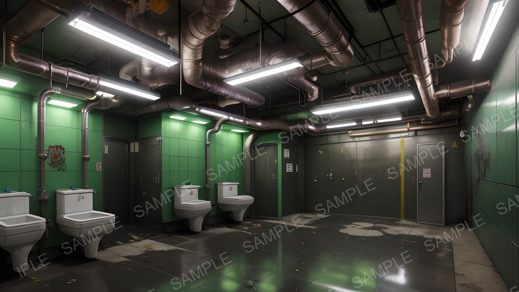 【2k背景素材】退廃サイバーパンク 荒廃した中規模トイレ|10枚セット