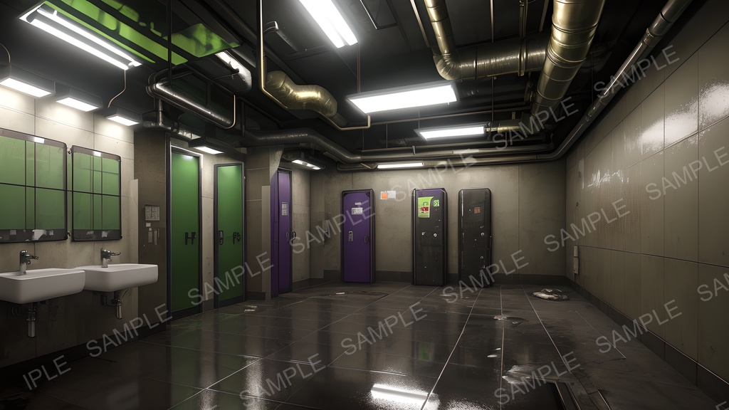 【2k背景素材】退廃サイバーパンク 荒廃した中規模トイレ|10枚セット