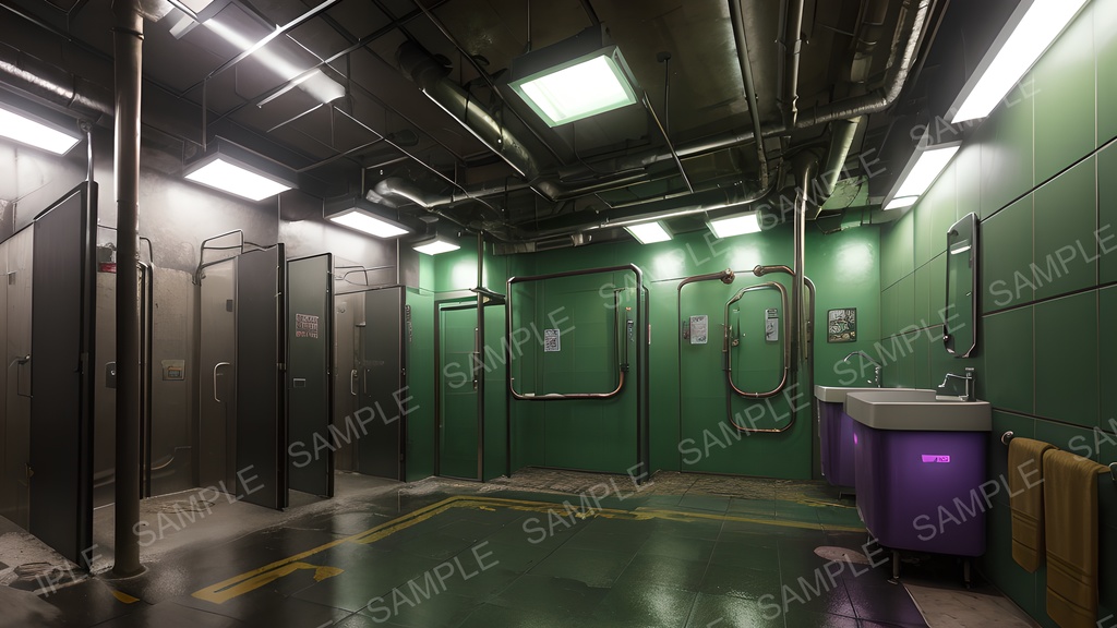 【2k背景素材】退廃サイバーパンク 荒廃した中規模トイレ|10枚セット