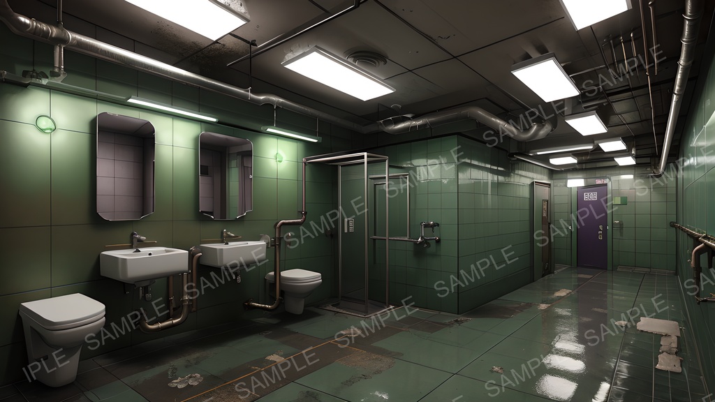 【2k背景素材】退廃サイバーパンク 荒廃した中規模トイレ|10枚セット