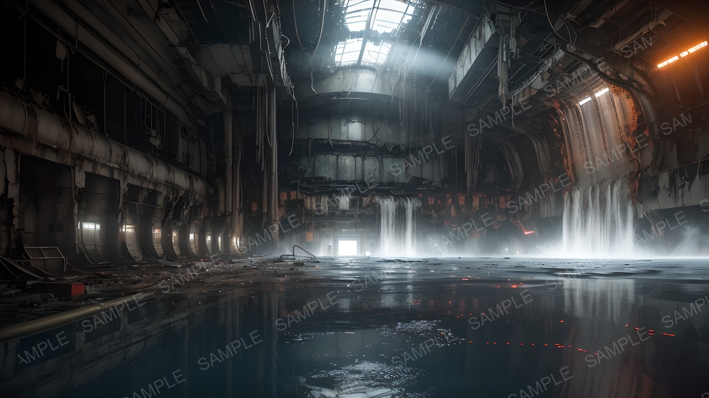 【背景素材】崩壊する地下水処理施設|暴走する水圧と電流の奔流|10枚セット