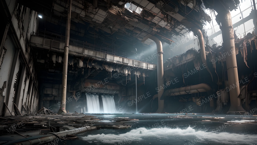 【背景素材】崩壊する地下水処理施設|暴走する水圧と電流の奔流|10枚セット