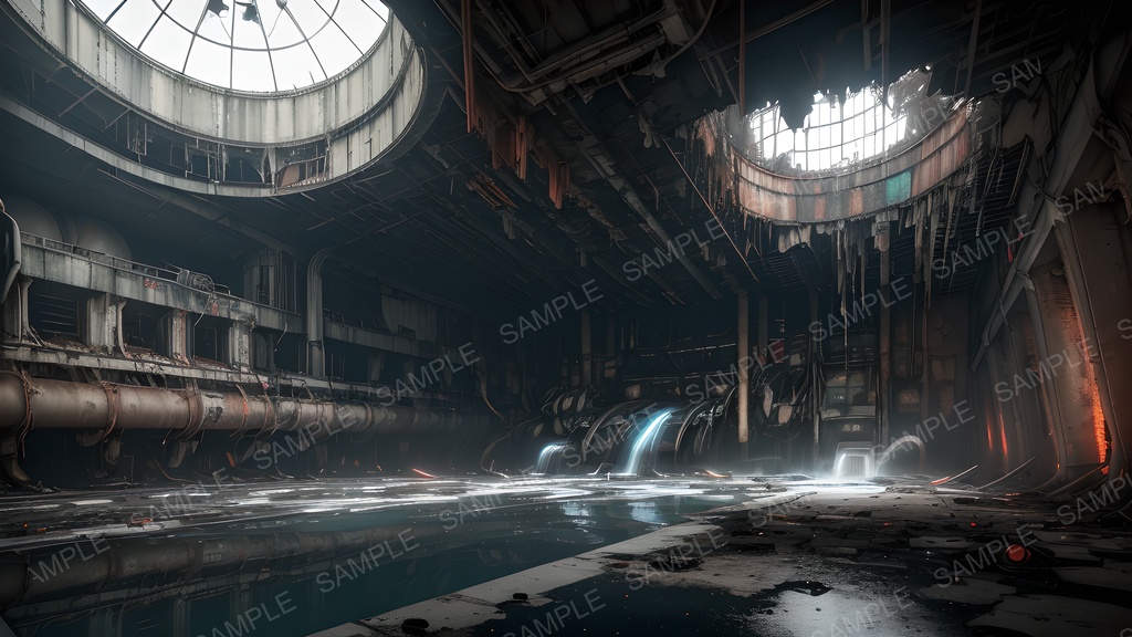 【背景素材】崩壊する地下水処理施設|暴走する水圧と電流の奔流|10枚セット