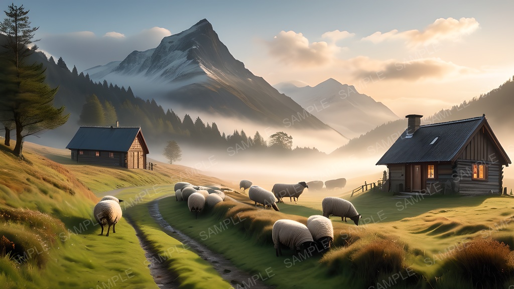 【背景素材】幻想の高原牧地｜黎明に煙る朝霧の丘陵｜10枚セット