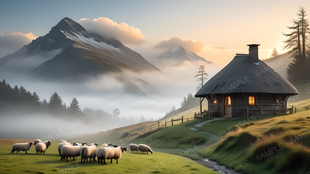 【背景素材】幻想の高原牧地|黎明に煙る朝霧の丘陵|10枚セット