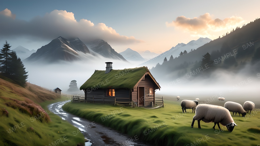 【背景素材】幻想の高原牧地|黎明に煙る朝霧の丘陵|10枚セット