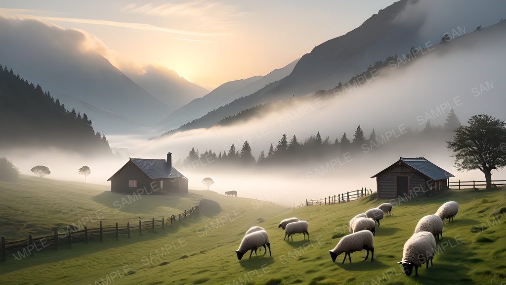【背景素材】幻想の高原牧地|黎明に煙る朝霧の丘陵|10枚セット