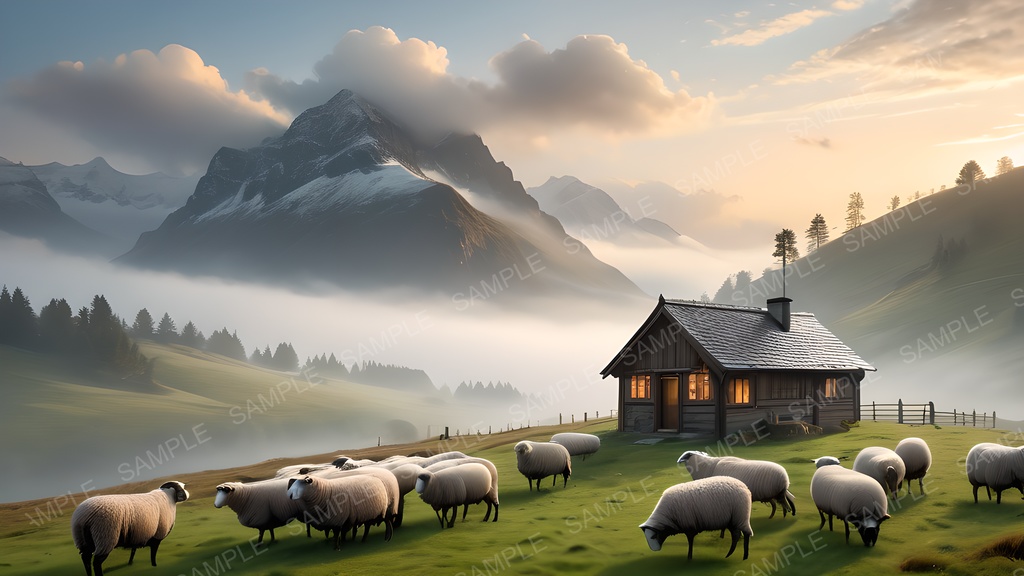 【背景素材】幻想の高原牧地|黎明に煙る朝霧の丘陵|10枚セット