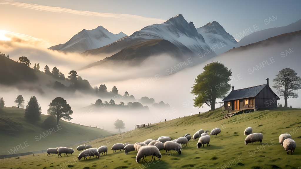 【背景素材】幻想の高原牧地|黎明に煙る朝霧の丘陵|10枚セット