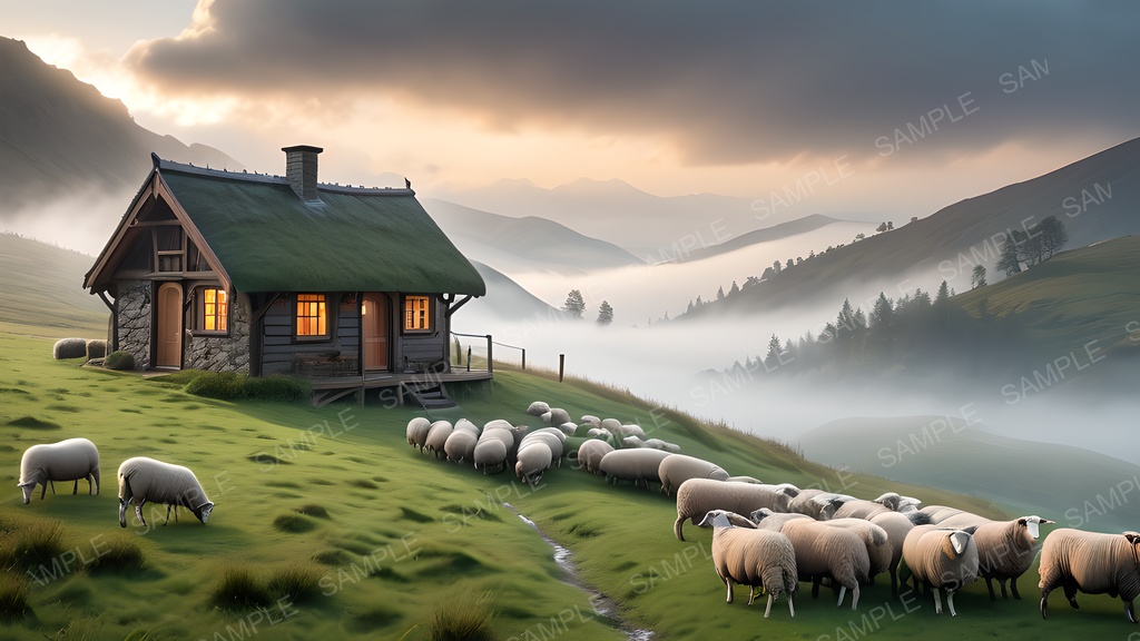 【背景素材】幻想の高原牧地|黎明に煙る朝霧の丘陵|10枚セット