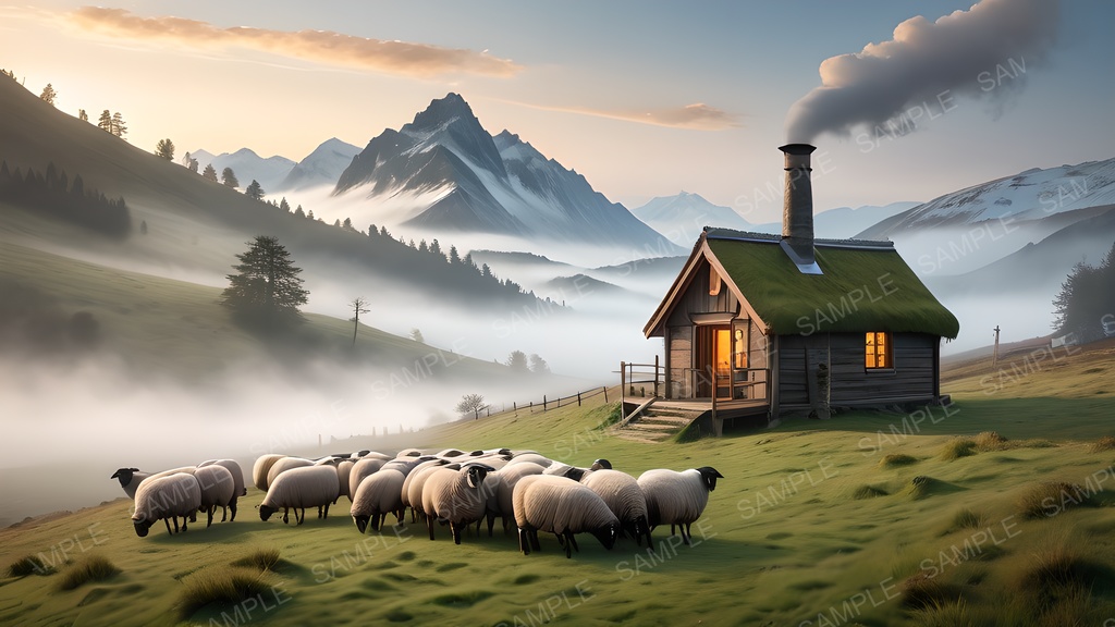 【背景素材】幻想の高原牧地|黎明に煙る朝霧の丘陵|10枚セット