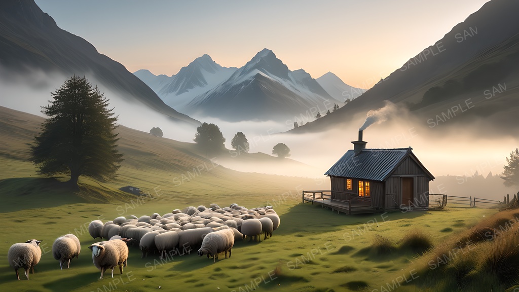 【背景素材】幻想の高原牧地|黎明に煙る朝霧の丘陵|10枚セット