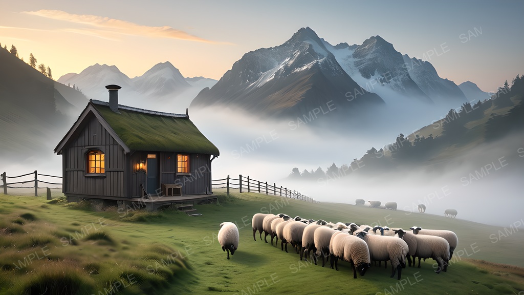 【背景素材】幻想の高原牧地|黎明に煙る朝霧の丘陵|10枚セット