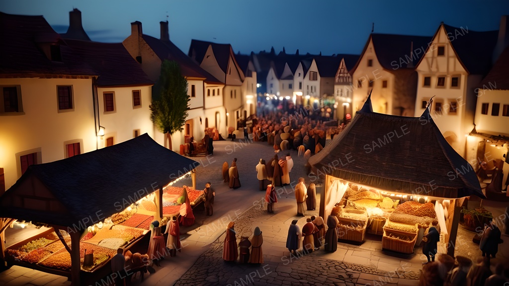 【2k背景素材】中世ファンタジー|夜の収穫祭広場|10枚セット