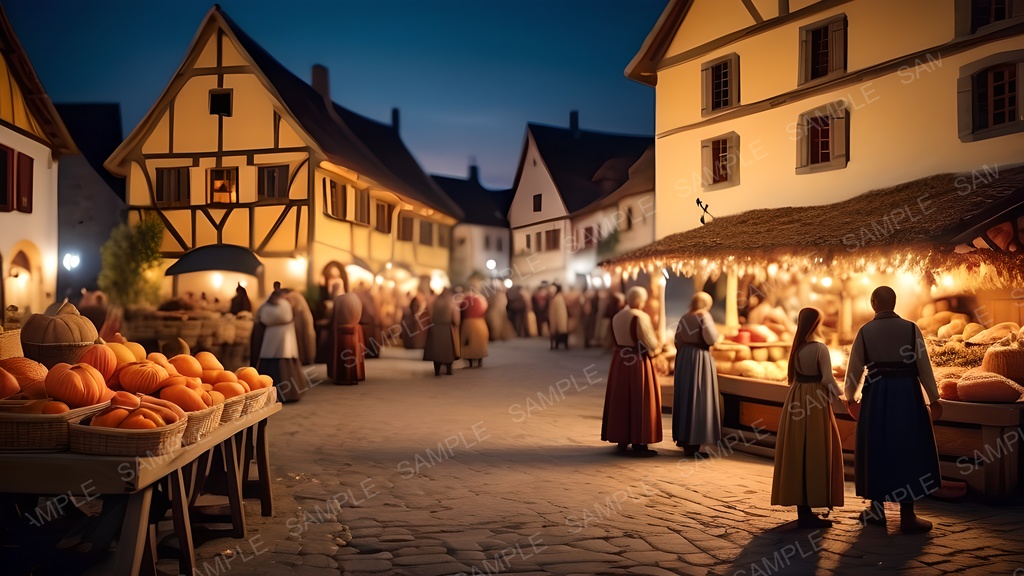 【2k背景素材】中世ファンタジー|夜の収穫祭広場|10枚セット