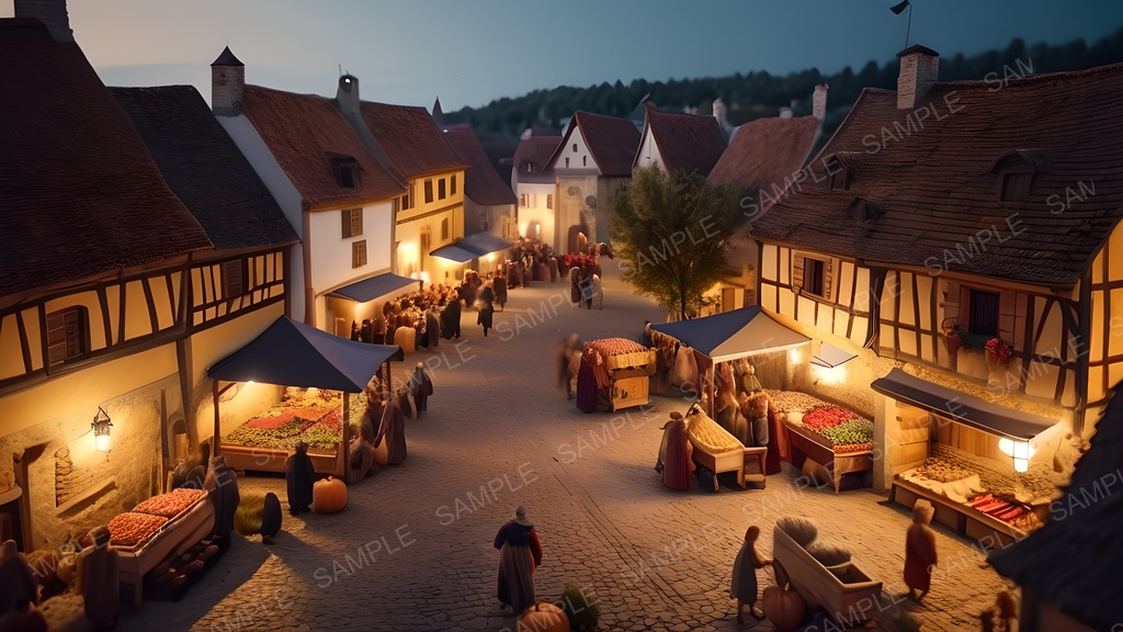 【2k背景素材】中世ファンタジー|夜の収穫祭広場|10枚セット