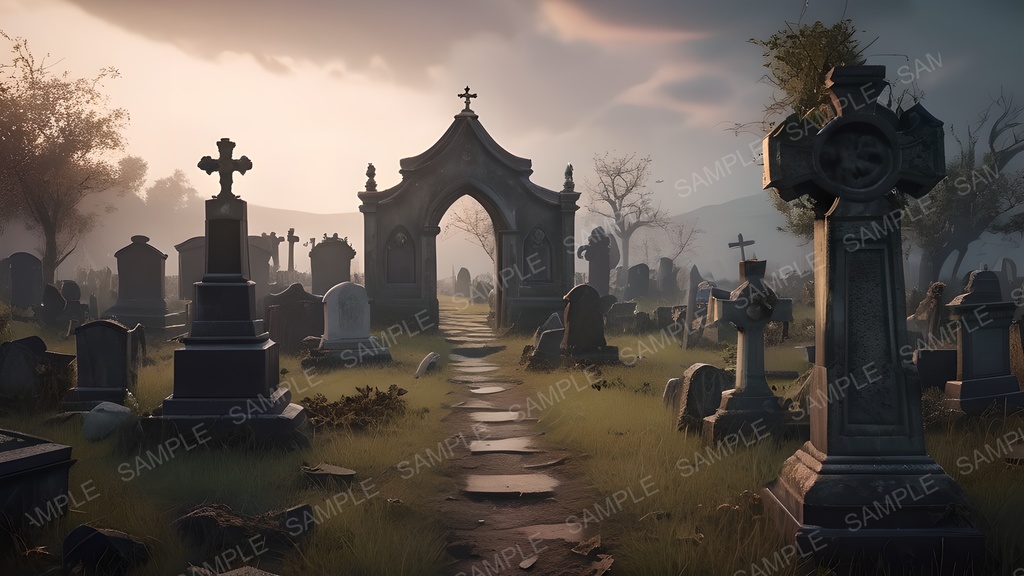 【2k背景素材】退廃ファンタジー|静寂と朽廃の霊園景観|10枚セット