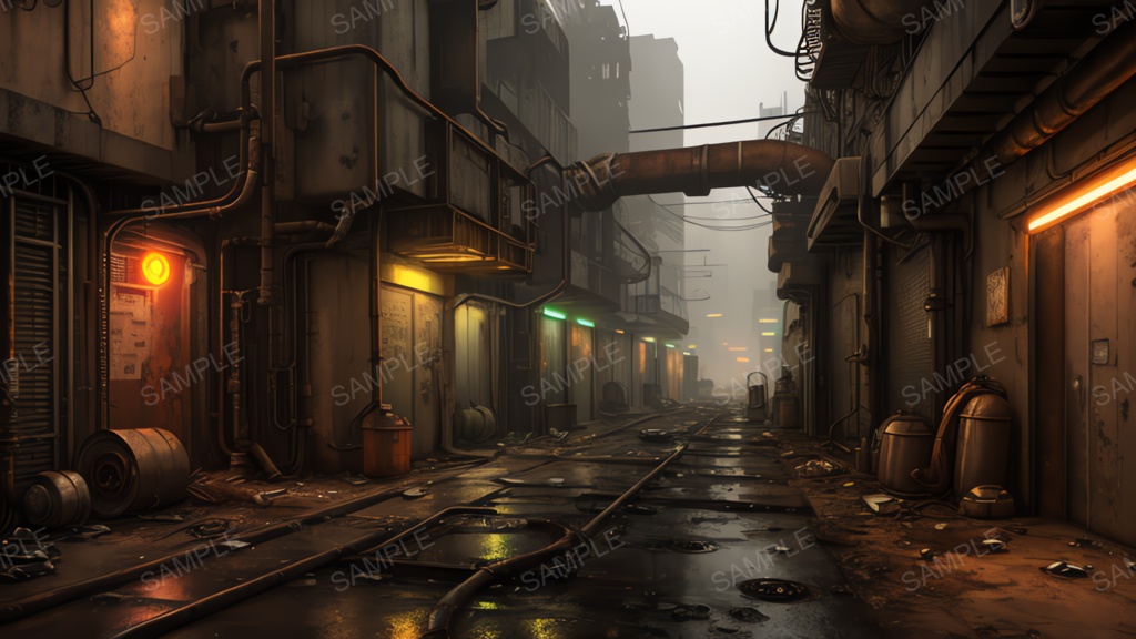 退廃サイバーパンク｜冷却ダクトの雑居ビル路地