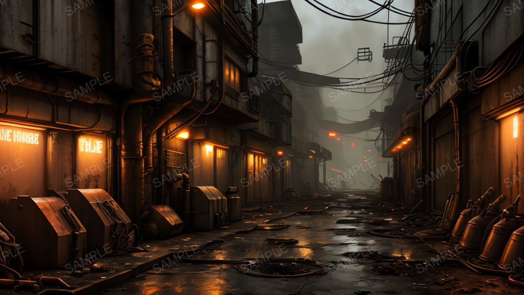 退廃サイバーパンク|冷却ダクトの雑居ビル路地