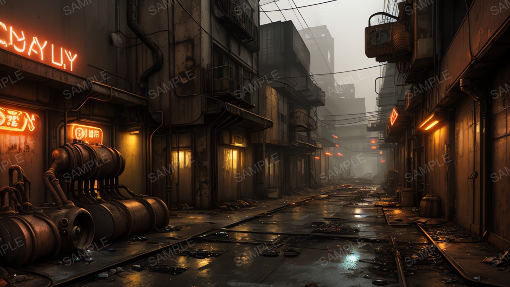退廃サイバーパンク|冷却ダクトの雑居ビル路地