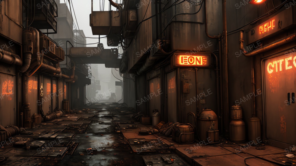 退廃サイバーパンク|冷却ダクトの雑居ビル路地