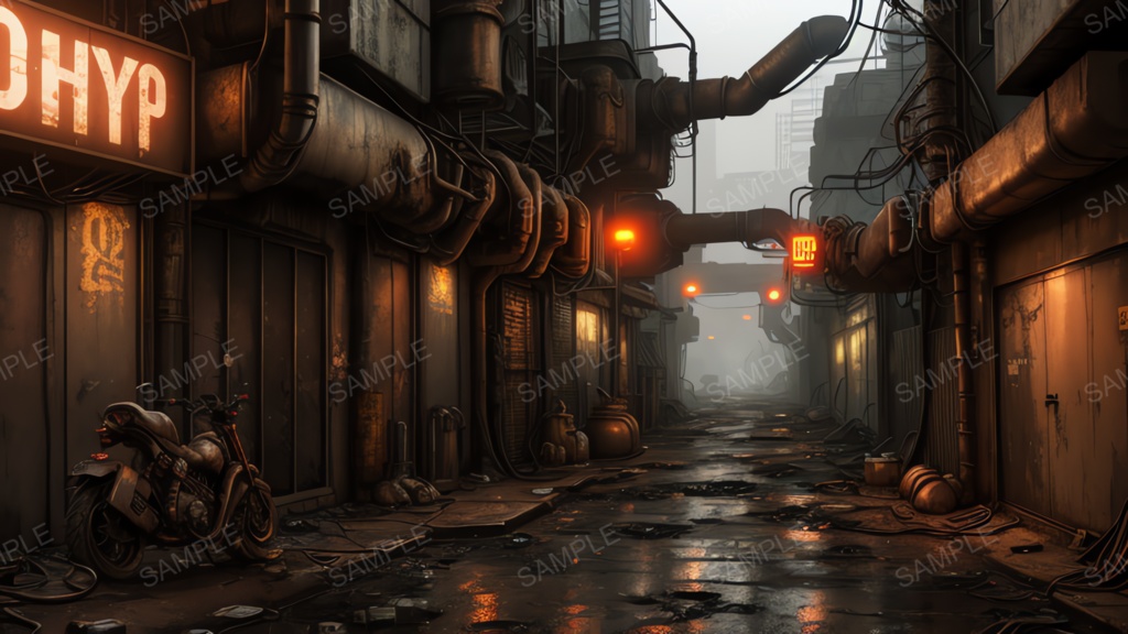 退廃サイバーパンク|冷却ダクトの雑居ビル路地