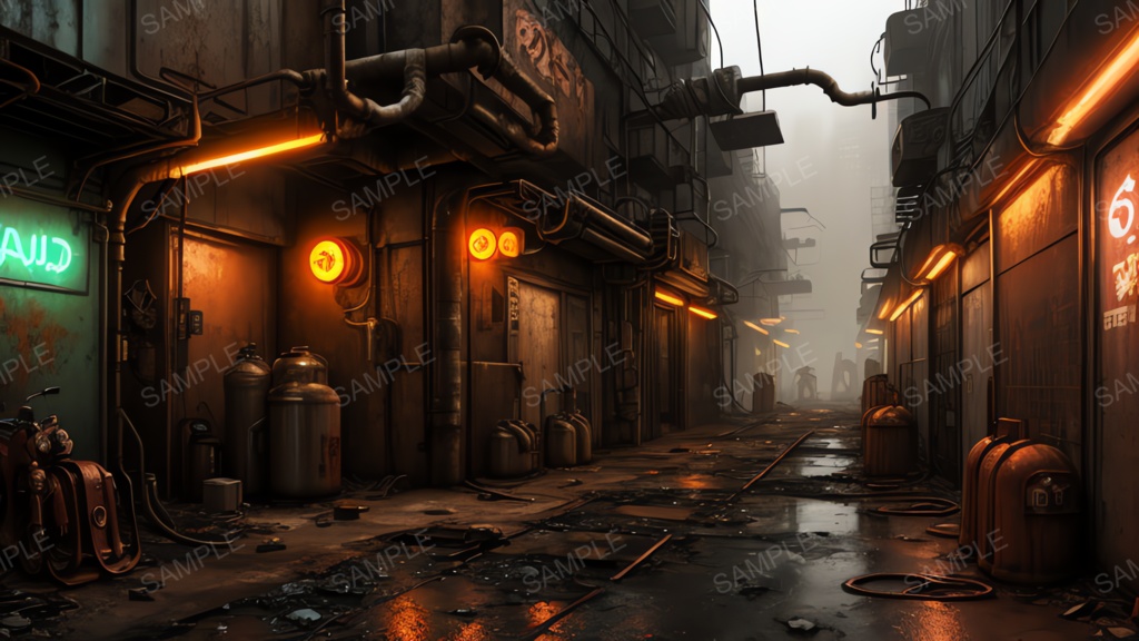 退廃サイバーパンク|冷却ダクトの雑居ビル路地