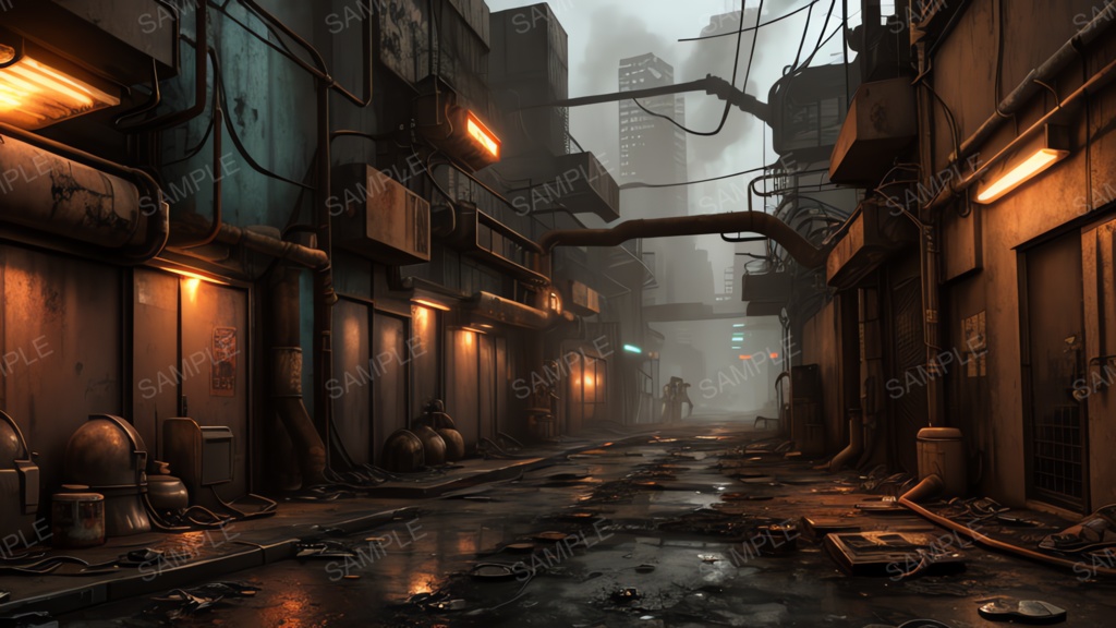 退廃サイバーパンク|冷却ダクトの雑居ビル路地