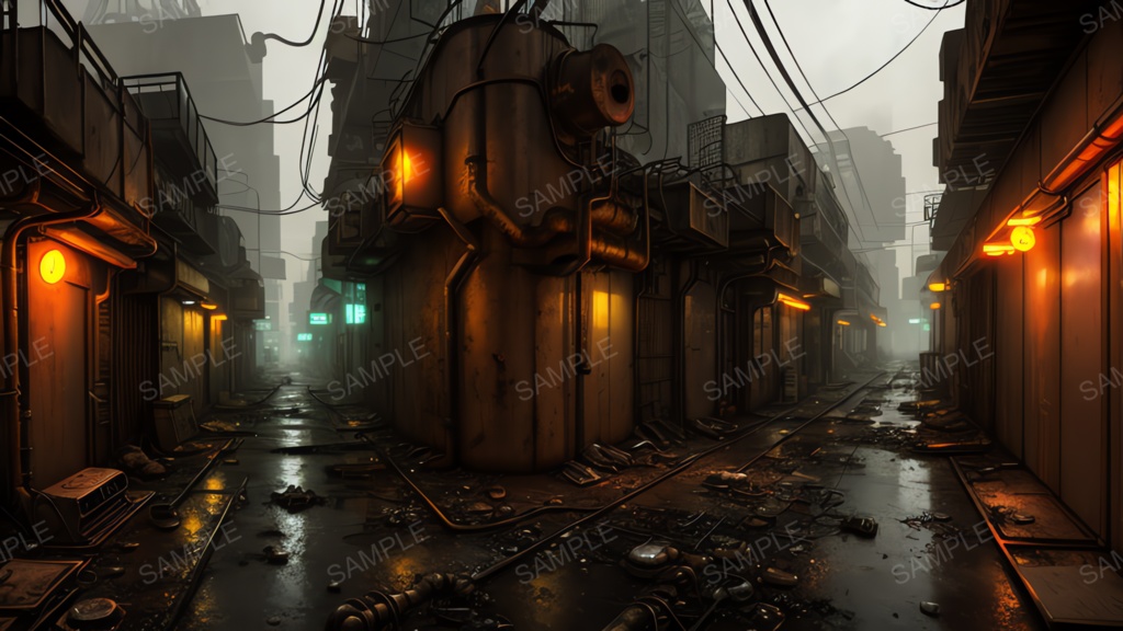 退廃サイバーパンク|冷却ダクトの雑居ビル路地