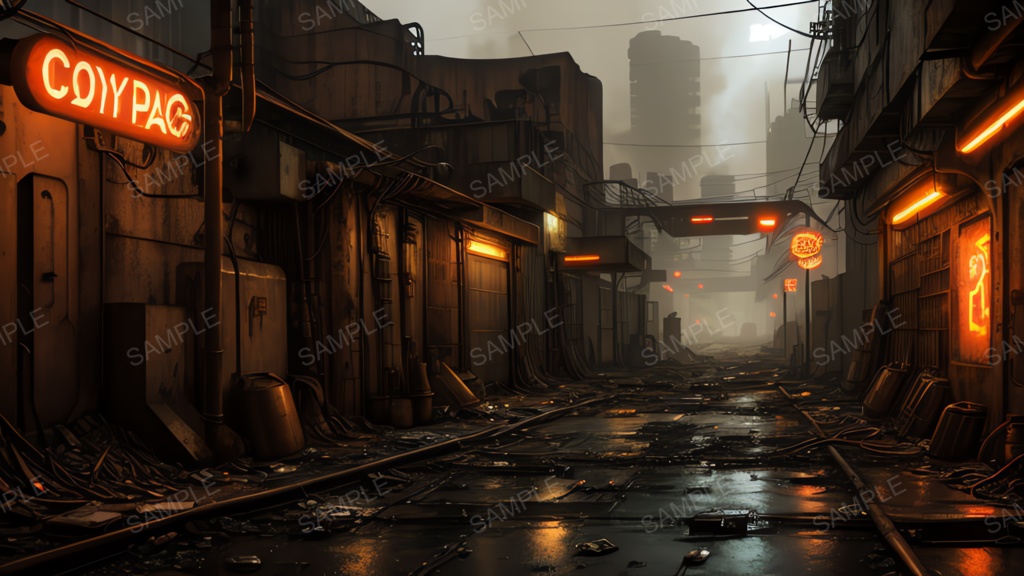 退廃サイバーパンク|冷却ダクトの雑居ビル路地