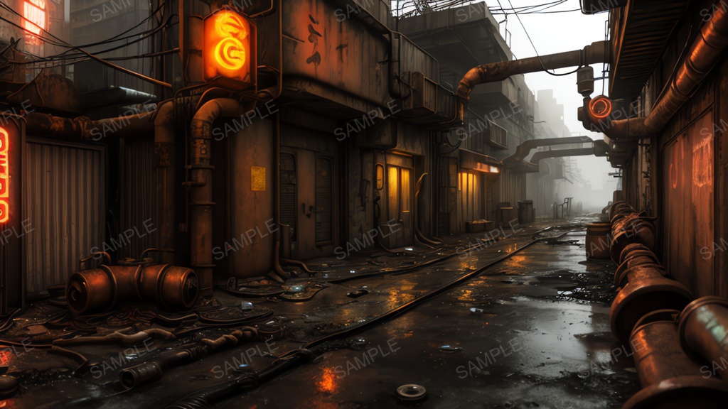 退廃サイバーパンク|冷却ダクトの雑居ビル路地