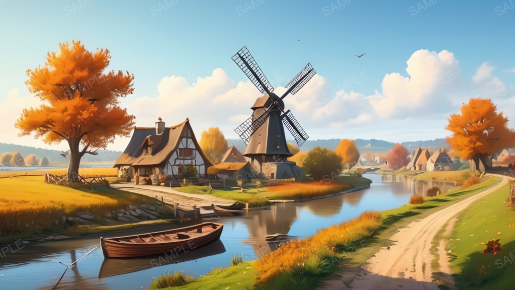 中世ファンタジー|秋に染まる風車の農村(昼)|10枚セット