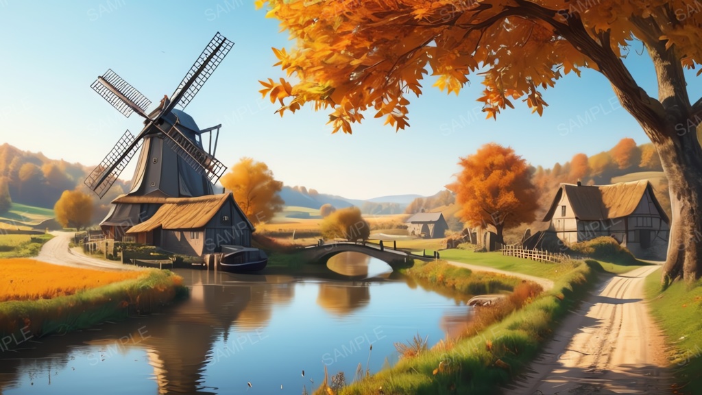 中世ファンタジー|秋に染まる風車の農村(昼)|10枚セット