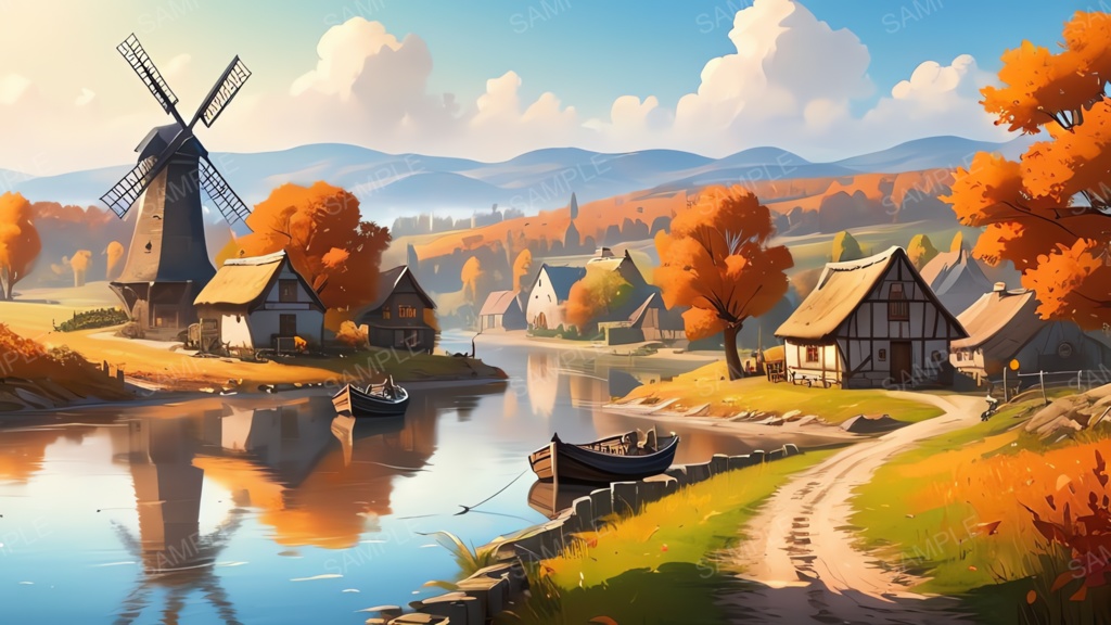 中世ファンタジー|秋に染まる風車の農村(昼)|10枚セット